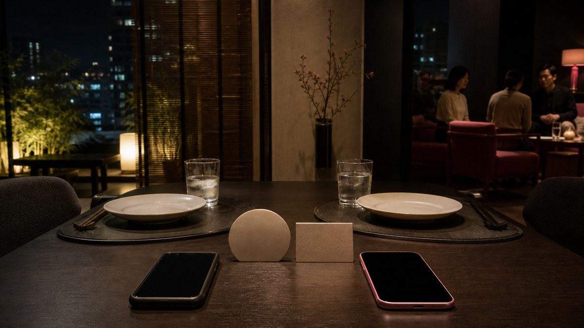 二つの無地スマートフォンと変わらず残った二人用の食卓