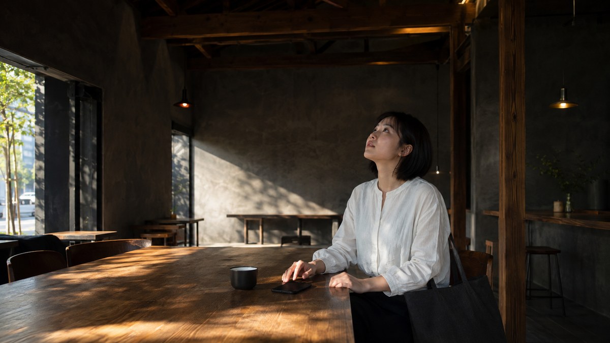高い天井の喫茶店で梁を見上げる白い服の28歳女性と伏せた端末