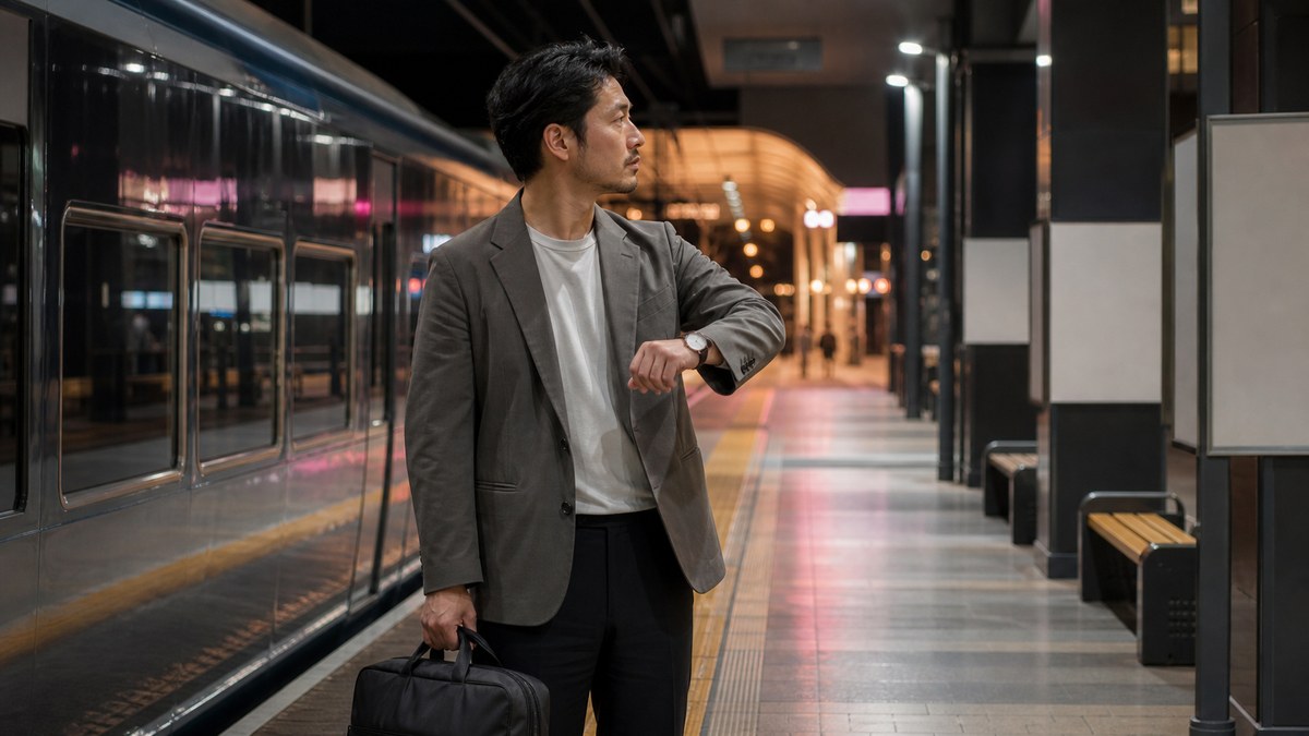 夜の駅で無銘の新幹線と腕時計を確かめる30代男性