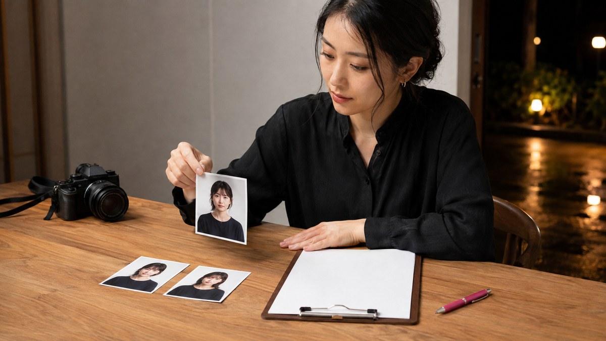 無地の応募用紙と複数の人物写真を自分で選ぶ成人女性