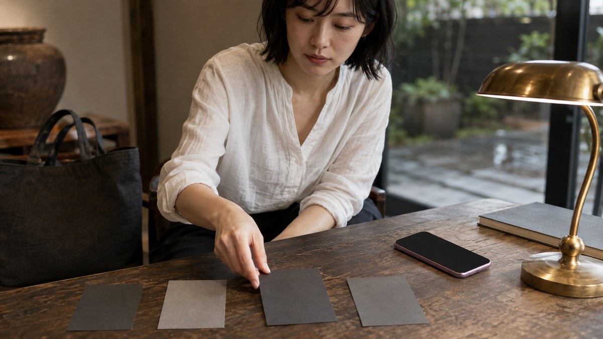 伏せた端末の横で候補の無地カード一枚を素早く選ぶ28歳女性