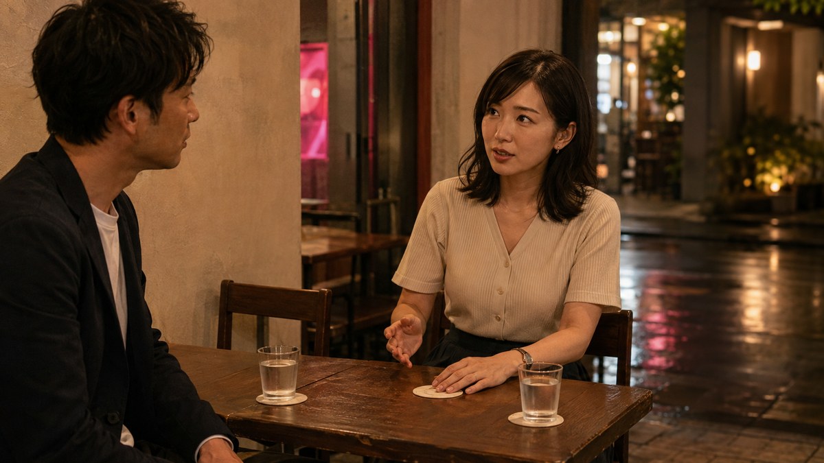 初対面のカフェでコースターに手を添える成人女性と話を聞く30代男性