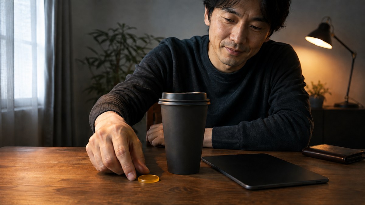 無地のコーヒーカップと金色トークン、伏せた端末を並べる30代男性