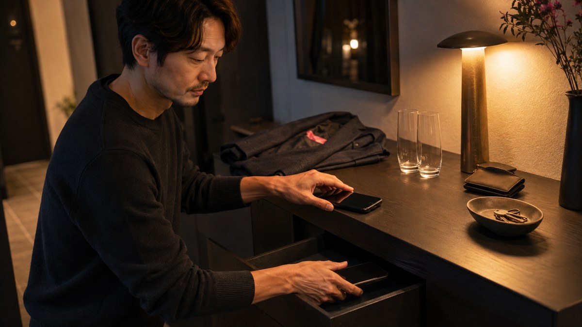 外出する夜と休む夜で無地スマートフォンの扱いを分ける30代男性