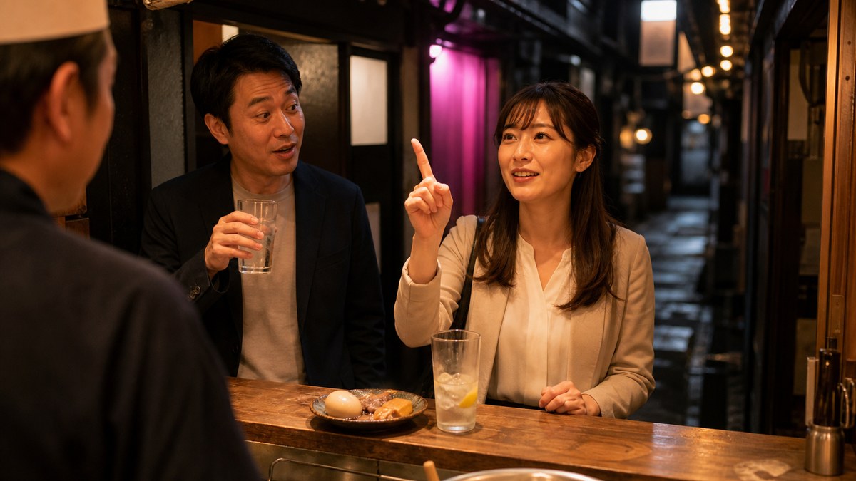 立ち飲みで飲み物が残るうちに次の注文を決める26歳女性