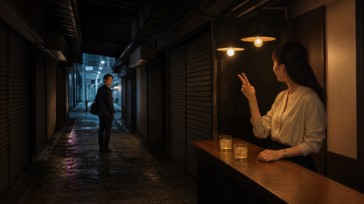 店じまいの横丁で最後の二杯を素早く頼む26歳女性と30代男性
