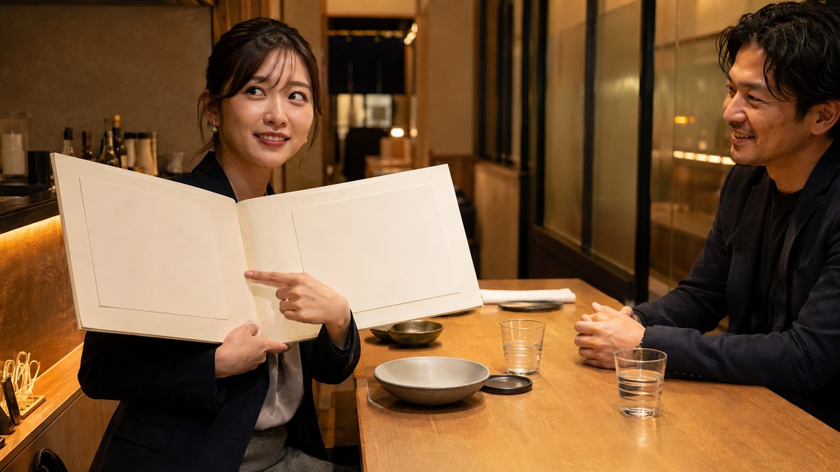 白紙メニューを後ろから開く26歳女性と向かいの30代男性