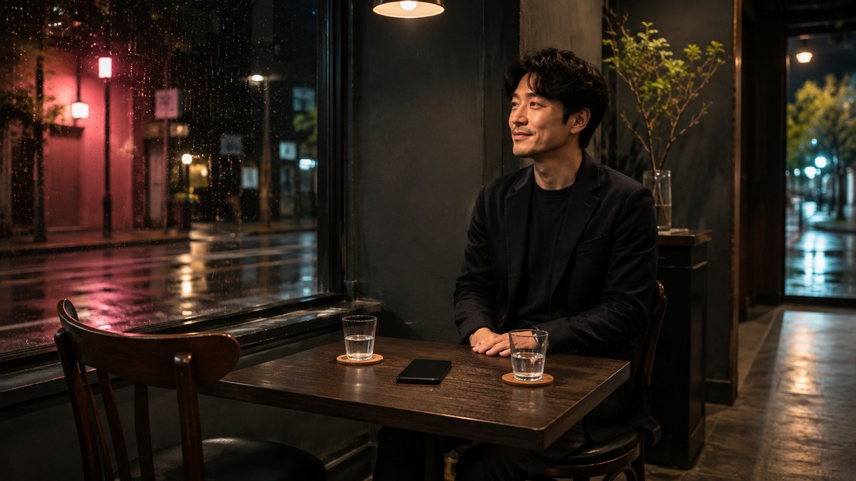 雨の窓辺の二人席で次の予定を思う30代男性と無地のスマートフォン