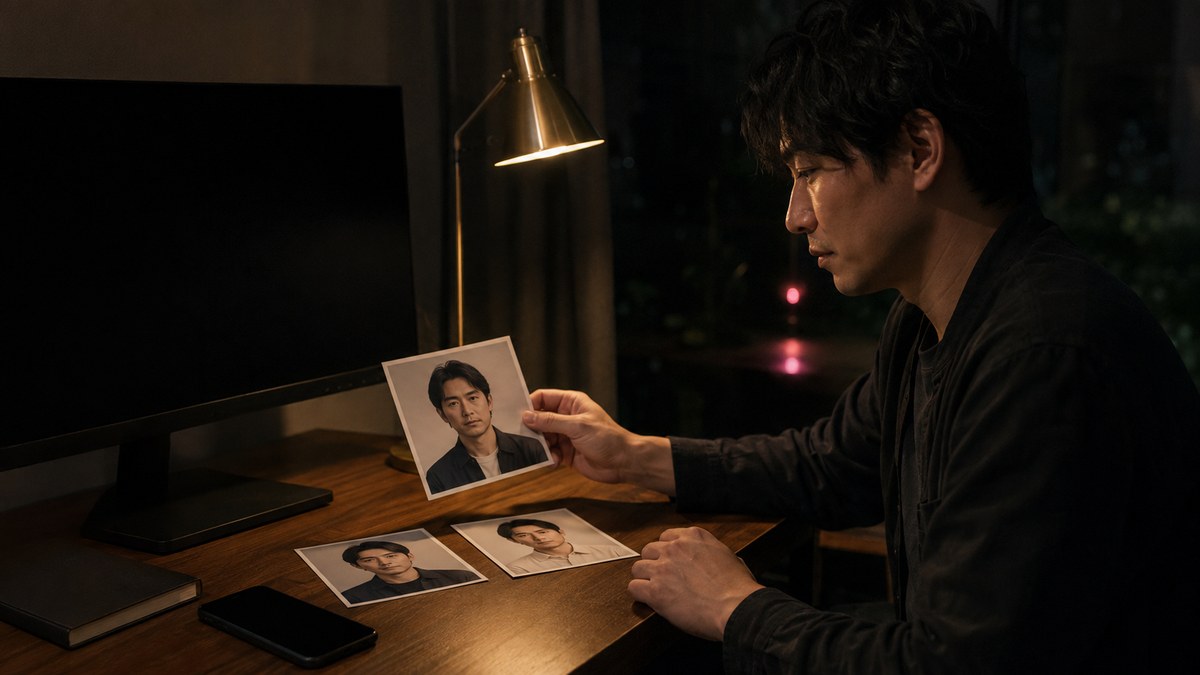 深夜の机で三枚の人物写真から新しい一枚を選ぶ30代男性