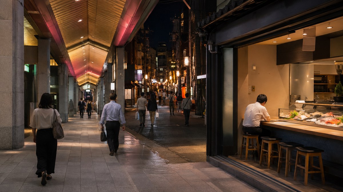 アーケードと繁華街と小さなカウンターが連続する夜の街