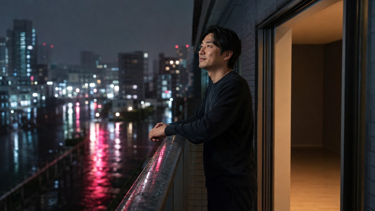 雨上がりの街を見ながら検証を終えた30代男性