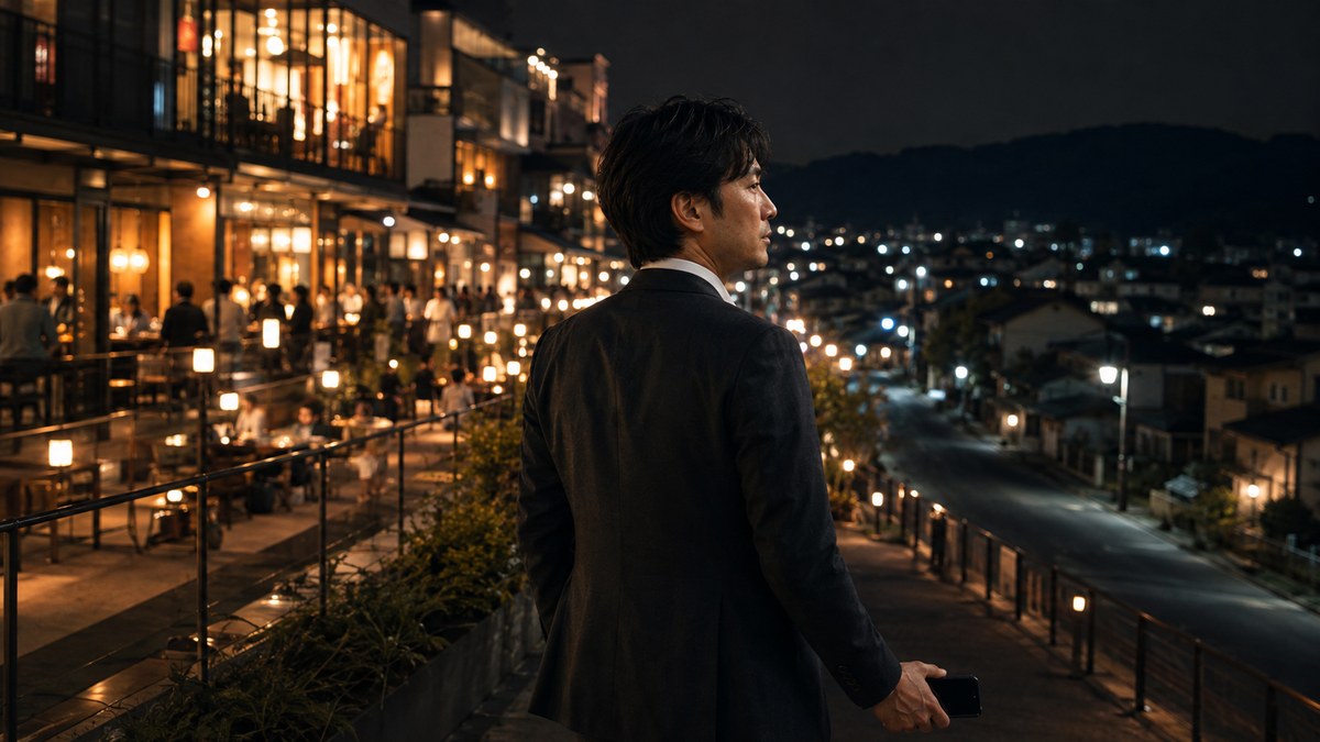 都市の飲食街と静かな地方の夜を見比べる出張中の30代男性