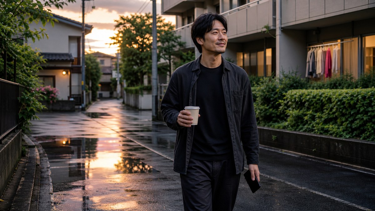 雨上がりの朝に水たまりの道を歩く30代男性