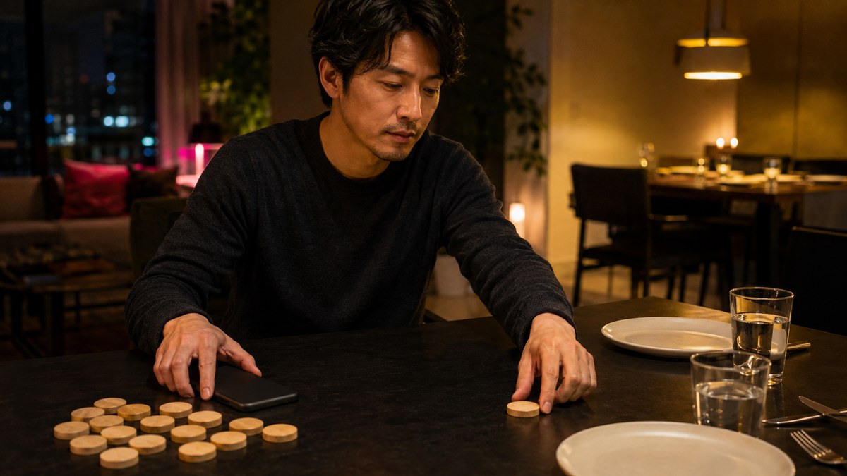 無地スマートフォンを伏せて予約済みの二人用食卓を選ぶ30代男性