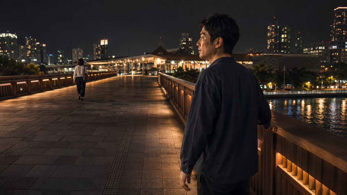 夜の歩道橋で一人手すりから手を離す30代男性と遠ざかる女性