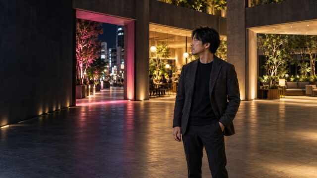 三つの異なる公共空間の入口を見比べる30代男性